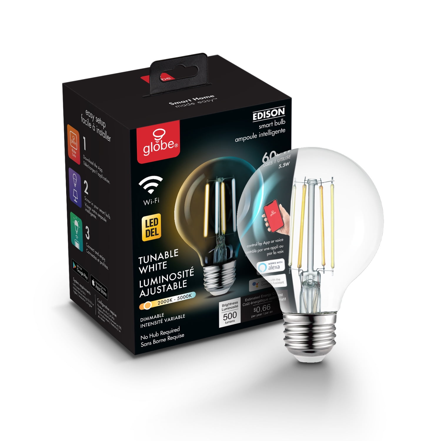 zonlicht Voorzichtigheid Illusie Globe Electric Wi-Fi Smart 60W Equivalent Vintage Filament Tunable White  LED Light Bulb, No Hub Required, Voice Activated, G25 Shape, E26 Base,  34920 - Walmart.com