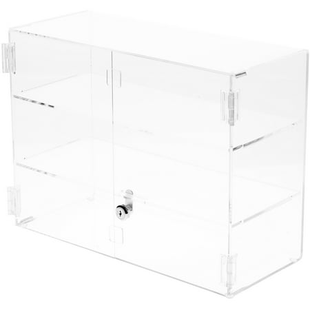 Plymor Clear Acrylic Rectangular Locking Display Case, 2 Shelves, 12" H x 16" W x 7" D