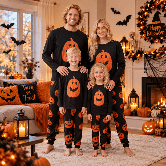 Family Matching Halloween Pajamas Clothes Pumpkin Print Long Sleeve Tops and Pants Sleepwear Set