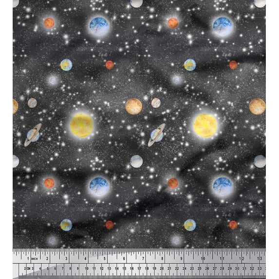 Soimoi Japan Crepe Satin Fabric Planet & Sun Galaxy Print Fabric by the Yard 42 Inch Wide