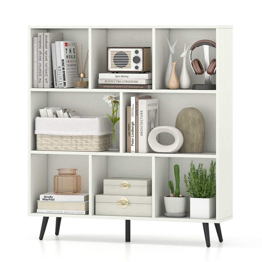 Resenkos 8-Cube Bookcase with 5 Tapered Metal Legs for Modern Decor - White/Black