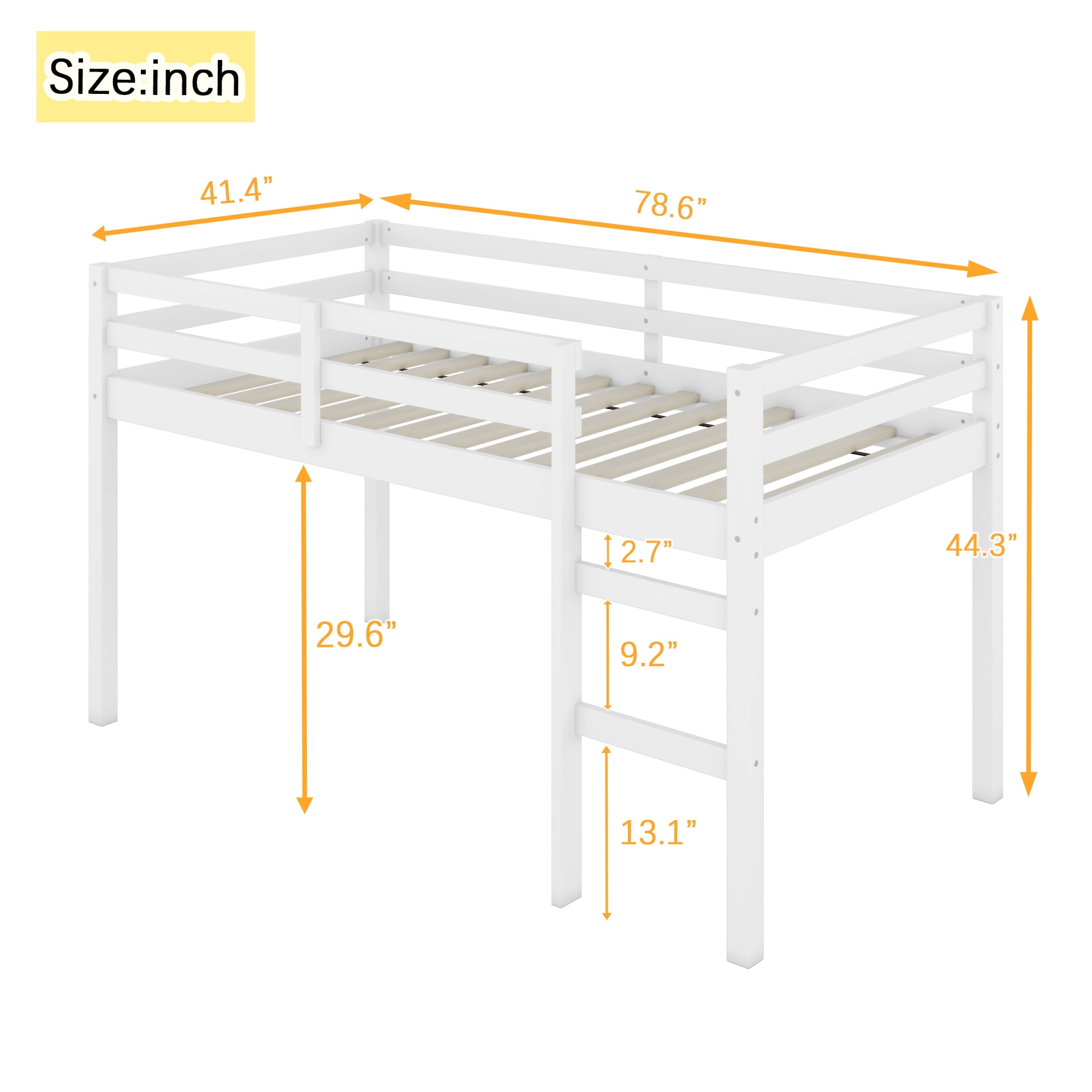 Miniyam Twin Loft Bed for Kids, Solid Wood Frame with Ladder and Guardrails, Space-Saving Design, White