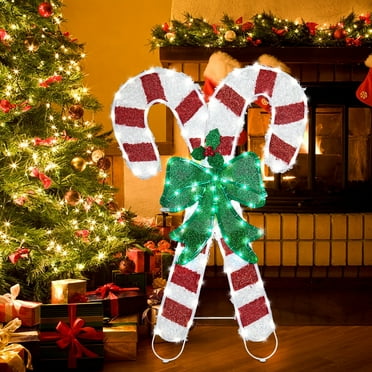 Christmas Candy Canes Tinsel Yard Light Decorations Pre-Lit LED Warm White Lights with Metal Stakes for Indoor Outdoor Yard Holiday Décor, Christmas Event, Christmas Eve Night Décor