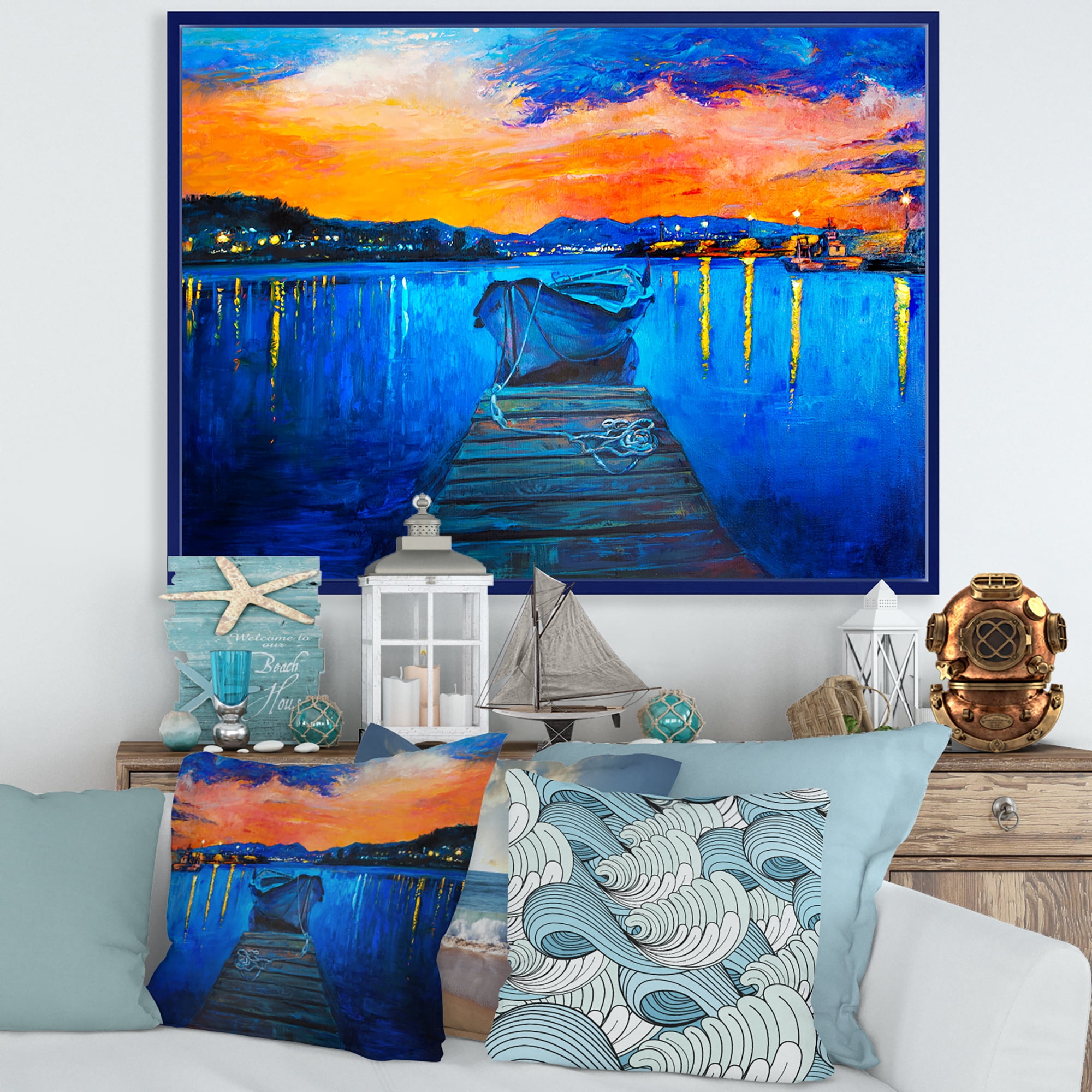 Designart 'Boats During Warm Sunset Resting On The Water III' Nautical & Coastal Framed Canvas Wall Art Print