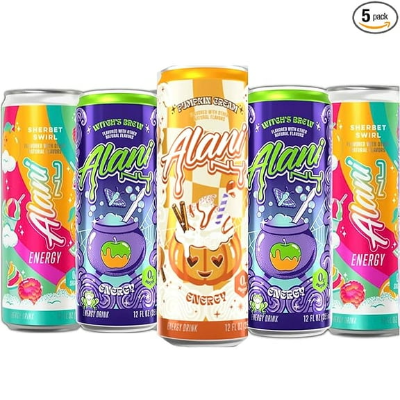 New Alani Energy Drinks Witches Brew, Sherbet Swirl, Pumpkin Cream Variety Pack Sugar-Free, Low-Calorie, 200mg Caffeine, Energy Boost Drink 12 fl oz (Total 5 cans) Repackaged By PickNGo Market
