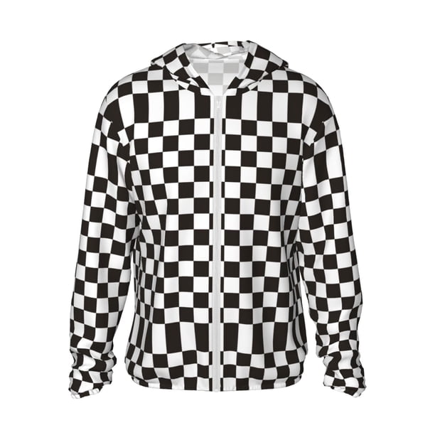 Fotbe Black and White Checkerboard Chaqueta con Protección Solar UPF 50+ para Hombre y Mujer, Camisa con Capucha y Bolsillos-3X-Large