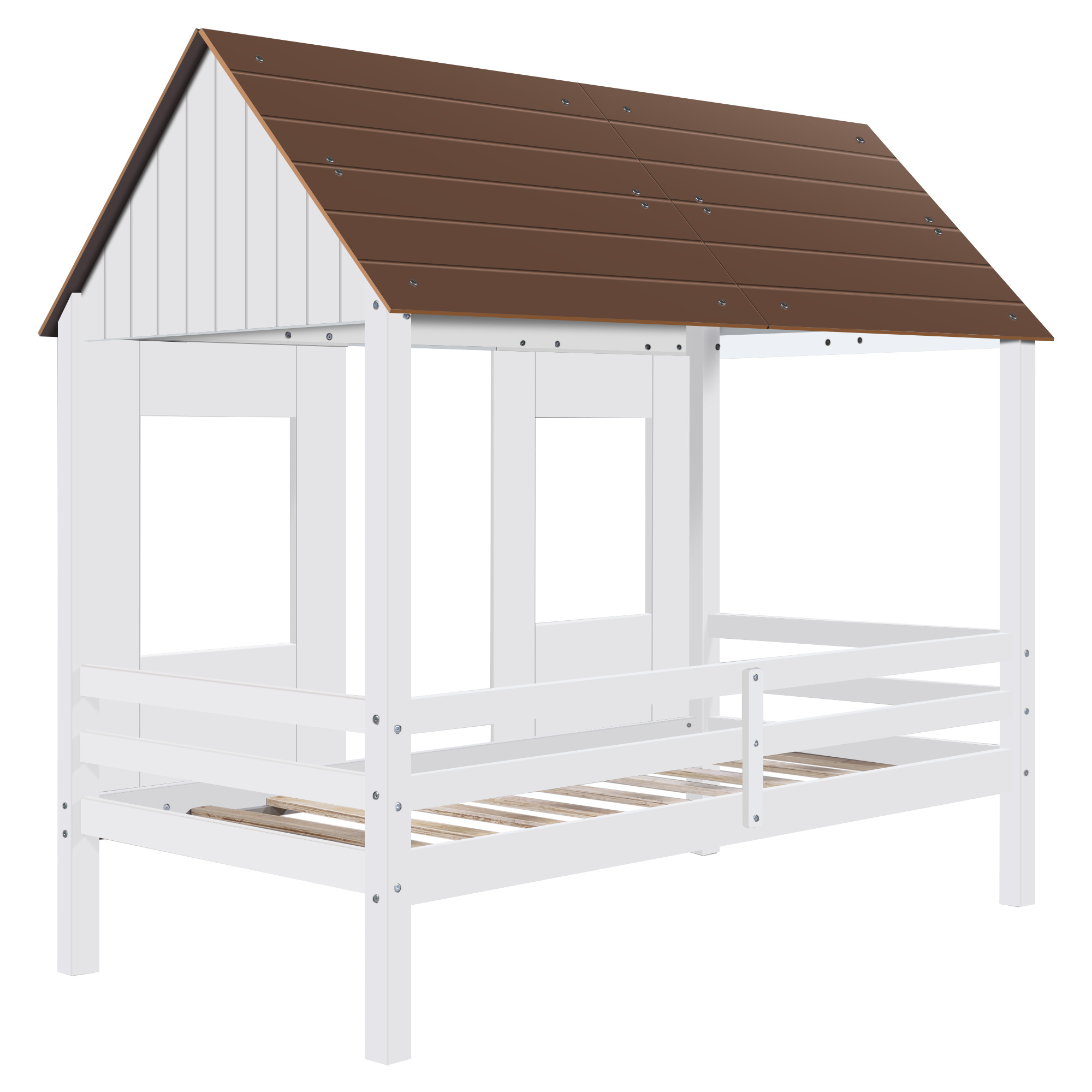 Wood House Bed for Kids, Aukfa Modern Twin Size Low Loft House Bed with Two Front Windows for Kids Bedroom, Toddler Low Loft Bed, Antique Gray+Normal White