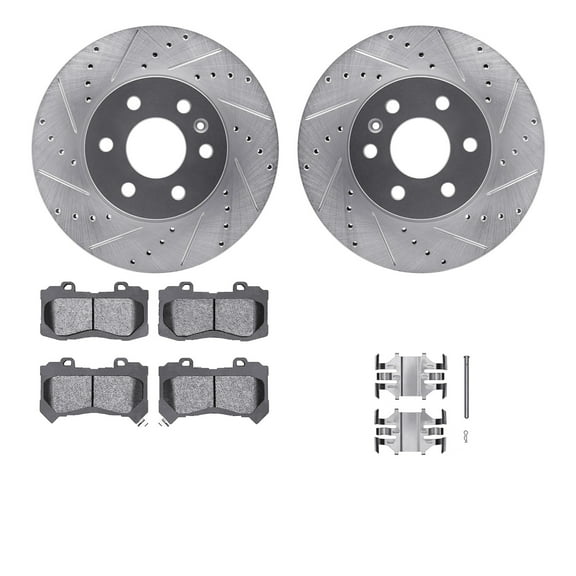 Dynamic Friction Company Front Brake Rotors-Drilled and Slotted-Silver with Ultimate Duty Performance Brake Pads includes Hardware 7412-48046
