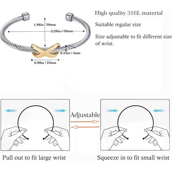 DASAW-Cuff Bangle Bracelet, Stainless Steel Twisted Cable Wire Bangle Bracelet, Two Tone Vintage Bracelets for Women, Jewelry Gifts