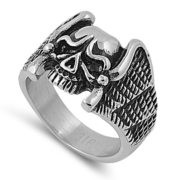 Stainless Steel Wings of Treachery Biker Skull Ring