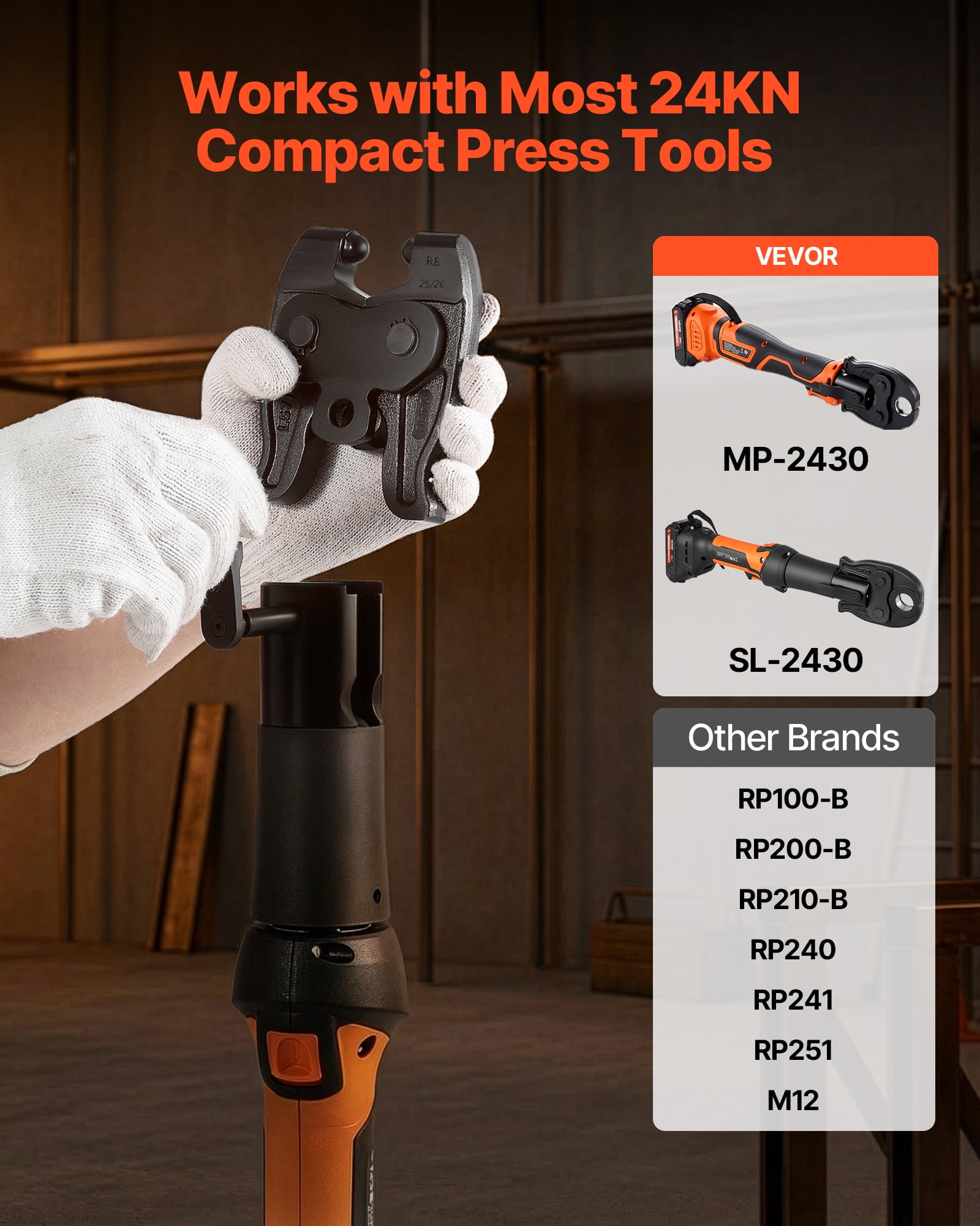 VEVOR 5PCS ProPress Pressing Kit, 4PCS Press Rings (1/2" to 1-1/4") & R8 Actuator for ProPress Copper Pipes, Compatible with 24KN Compact Series Press Tools for 180° Operation - with Case