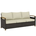 thumbnail image 2 of Outsunny 3 Seater Outdoor Couch Sofa, PE Wicker Patio Sofa with Wide Deep Seat, 4" Cushions, Wood-Effect Armrests and Legs, Beige, 2 of 9
