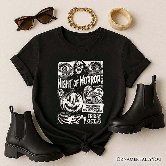 Night of Horrors Retro Halloween T-Shirt, Vintage Poster Tee for Spooky Season Fans