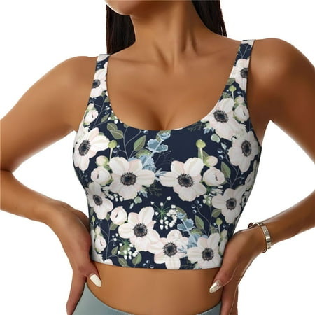 Jgfou Floral Flowers Blue Print Womens Sports Bra - Padded Workout Sports Bras Crop Tank Top