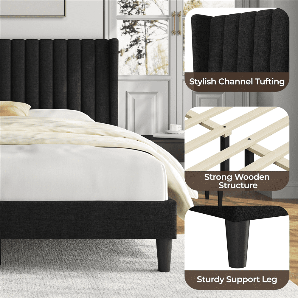 Renwick Upholstered Platform Bed Frame with Wing Side and Channel Tufted Headboard, Queen, Black