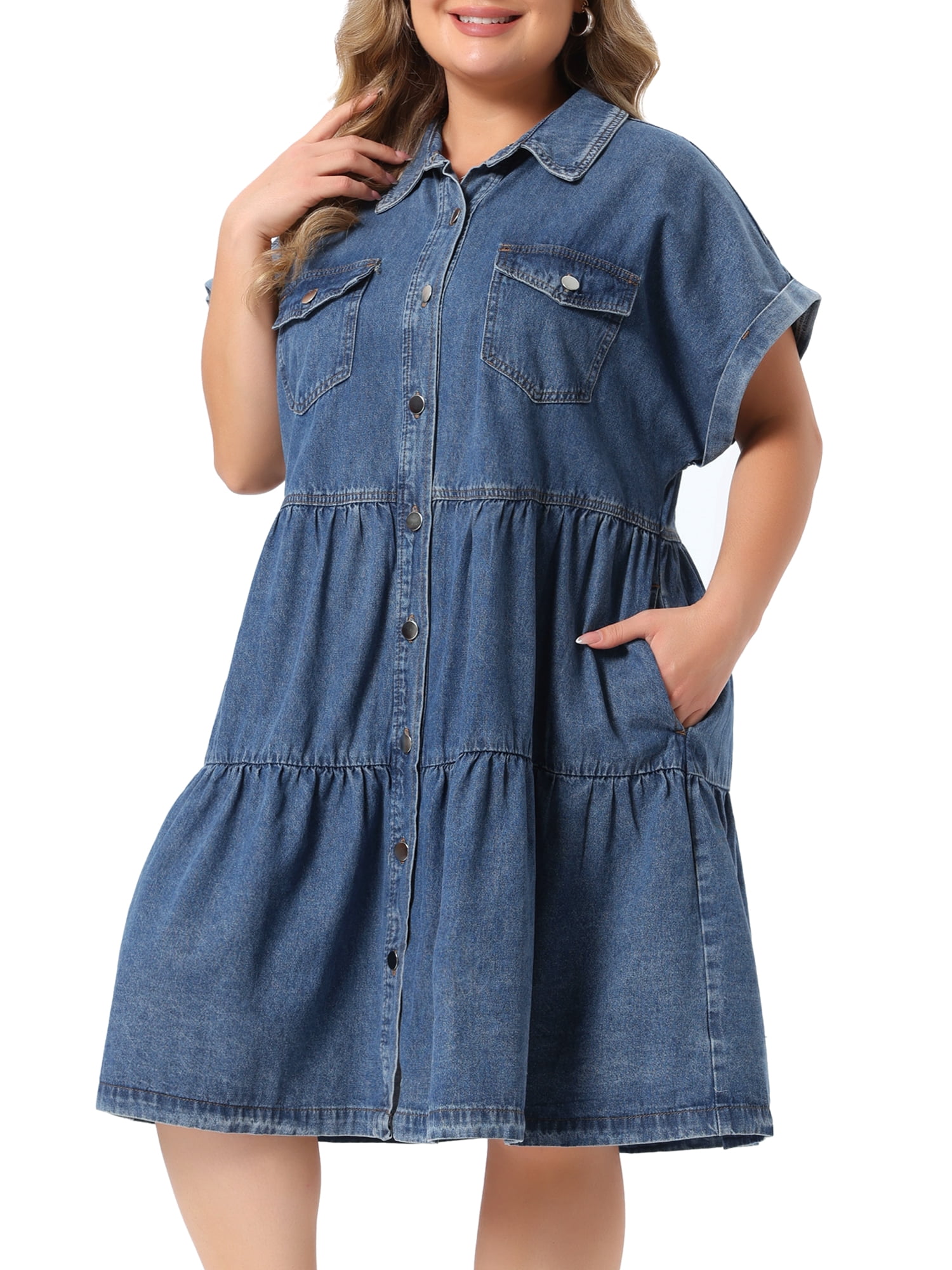 DARING DIVA Women's Plus Denim Babydoll Button Down Short Dress 1X Grey Blue