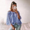 thumbnail image 4 of Women Lace Embroidered Blouse Batwing Short Sleeve Peplum Loose Casual Top Blue XL, 4 of 7