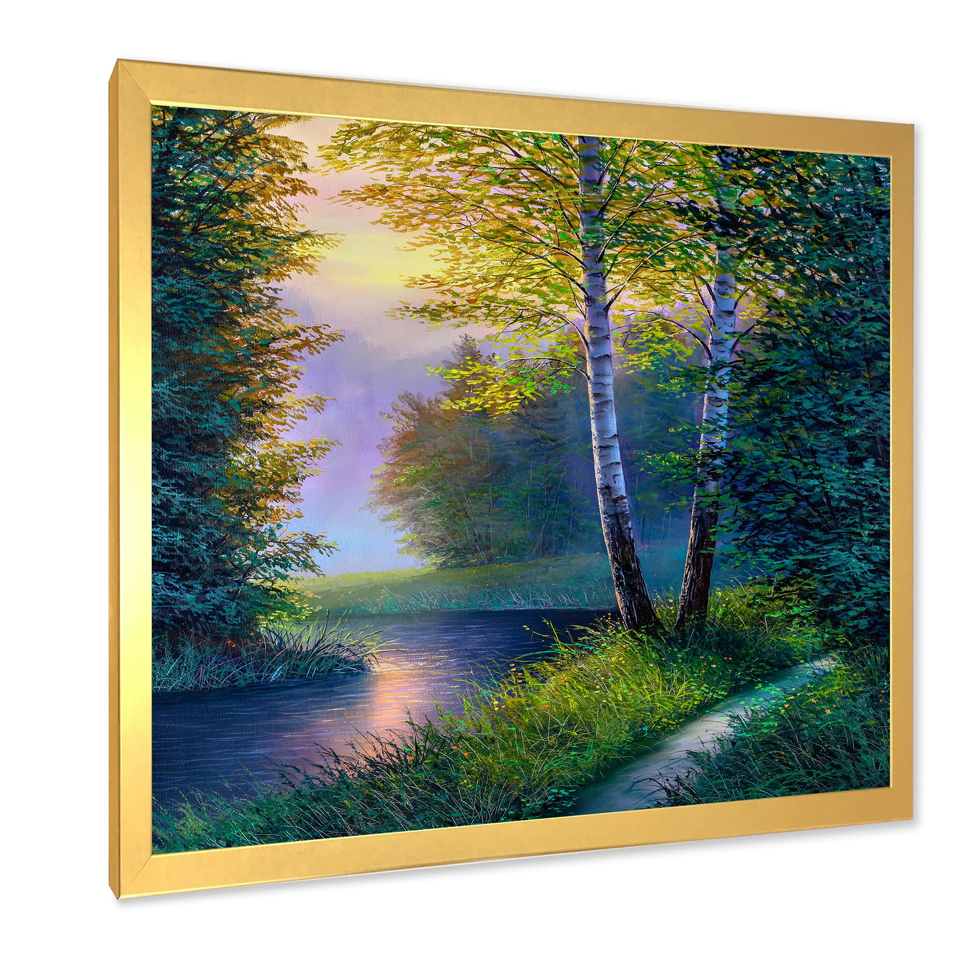 Designart 'Sunrise Glow Through The Birch Forest' Lake House Framed Art Print
