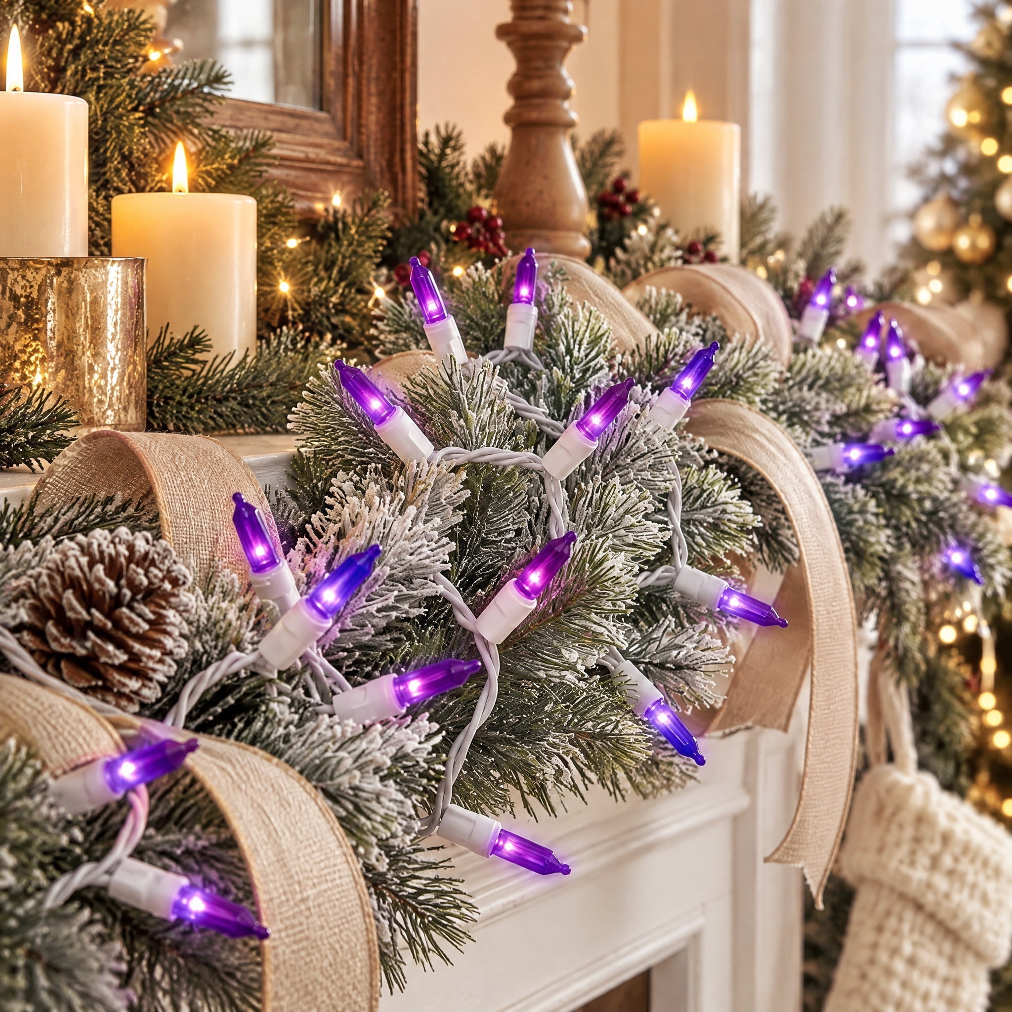 Indoor/Outdoor 50-Count LED Mini Christmas String Lights, Purple, White Wire, 9.5', by Holiday Time