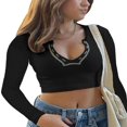 thumbnail image 1 of Women Short Top Shirt Long Sleeve Patchwork Ribbed Front Button V-Neck Cropped Tops Ladies Spring/Summer Slim Navel Shirt, 1 of 4