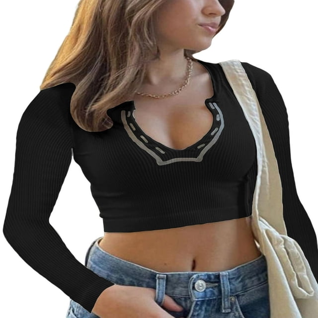 Women Short Top Shirt Long Sleeve Patchwork Ribbed Front Button V-Neck Cropped Tops Ladies Spring/Summer Slim Navel Shirt