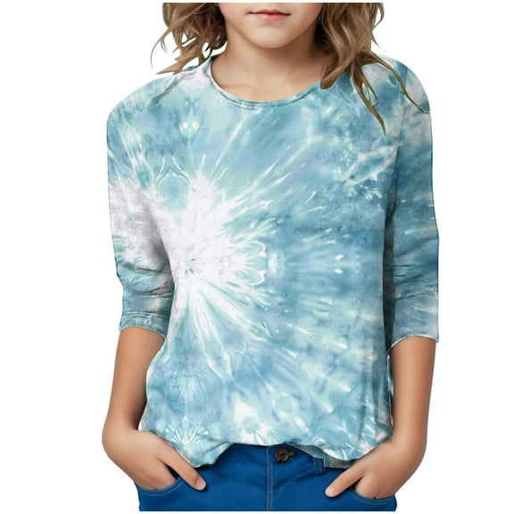 Maean Girls Blouse Shirts 3/4 Sleeve Round Neck Tie Dye Graphic Fashion Toddler Kids Tshirts Tops