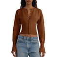 thumbnail image 6 of Women's Cropped Sweater Buttoned Long Sleeve V-Neck Ribbed Knit Slim Fit Pullover Crop Top, 6 of 6