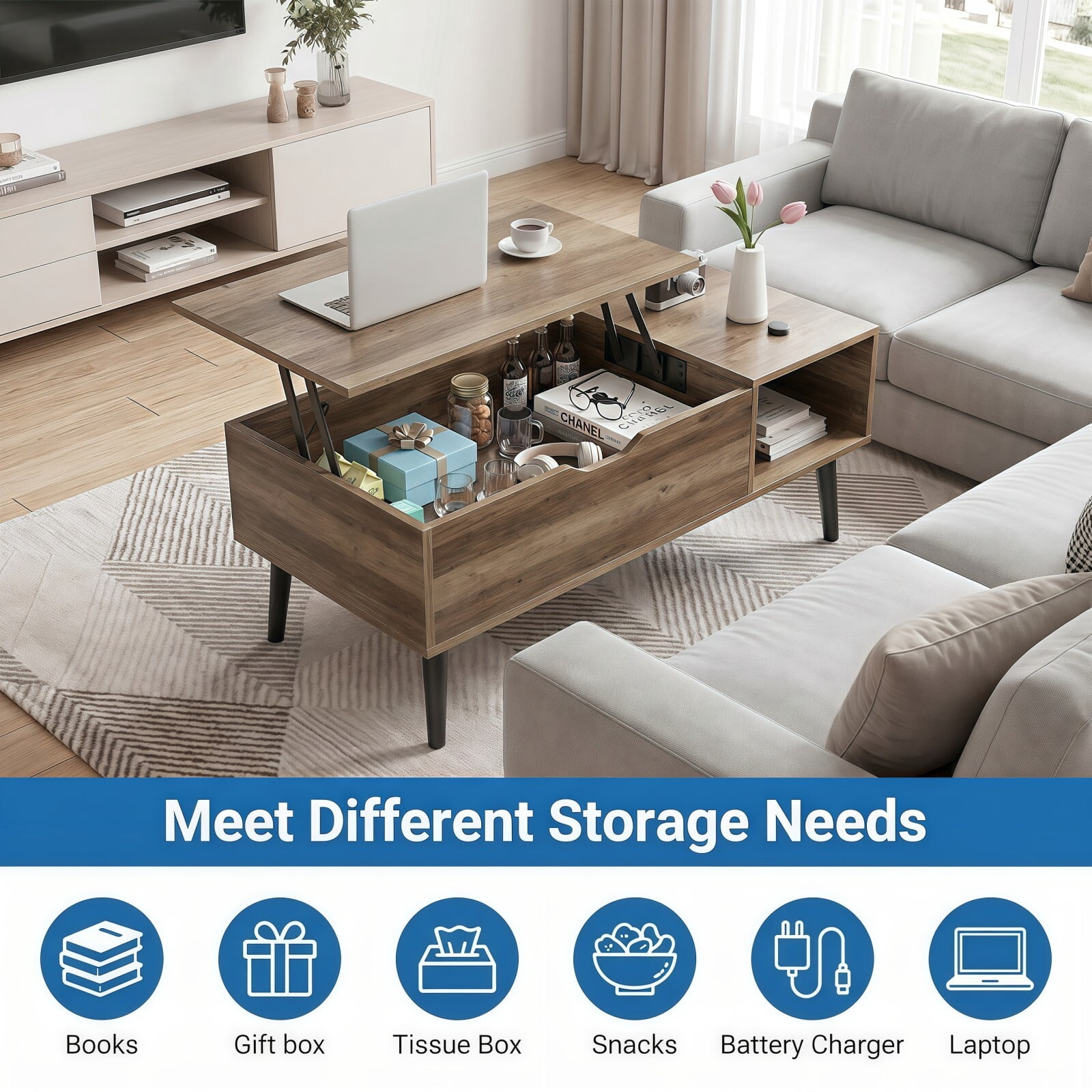 Kelno Lift Top Coffee Table with Hidden Compartment and Storage Shelves Wood Dining Center Table, Gray