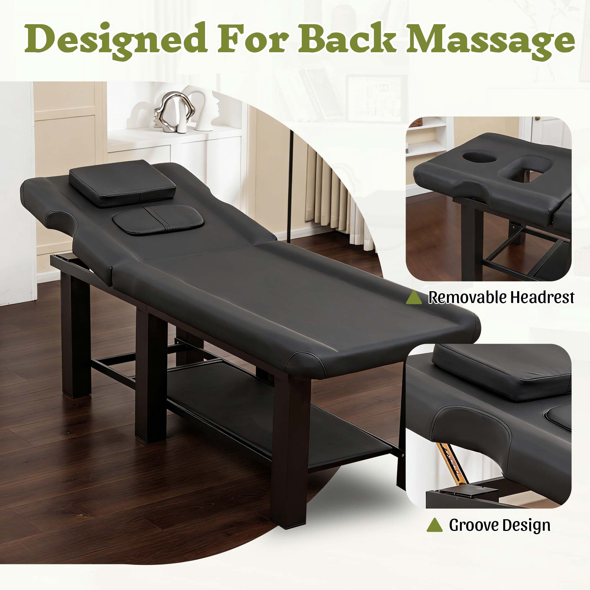 Miniyam 72.7" x 27.5" x 24.0" Massage Table – Adjustable Backrest 0-15°, Detachable Headrest, Bottom Storage, Waterproof Cushion, Steel Frame, 330 lbs – Black