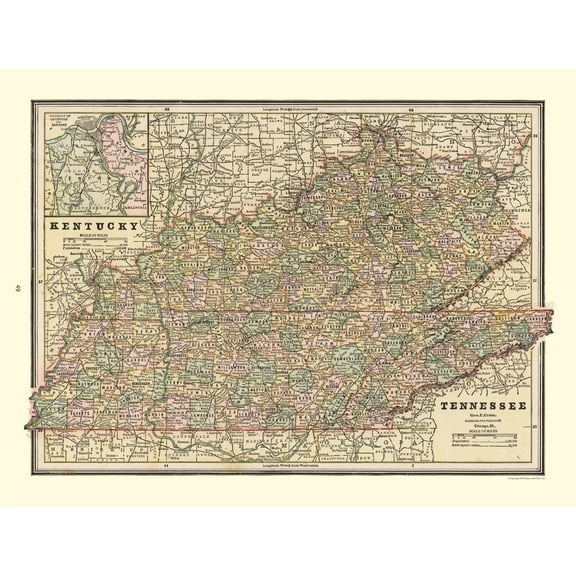 Historic State Map - Kentucky Tennessee - Cram 1888 - 30.30 x 23 - Vintage Wall Art