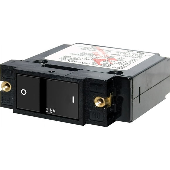 Blue Sea Circuit Breaker 7399-BSS A Series; 2.5 Ampere; 240 Volt AC/32 Volt DC; Single Pole Magnetic Hydraulic Type; Flat Rocker Actuator; 10-32 Screw Terminal; Single