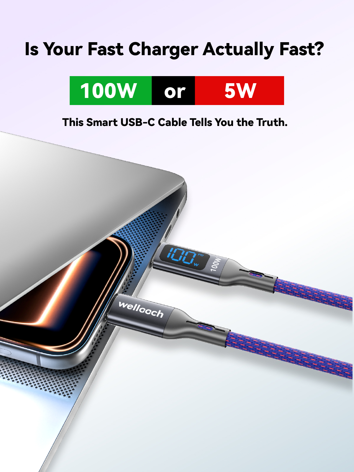 Wellooch 100W USB-C Cable 6ft with LED Digital Display, Purple photo 7