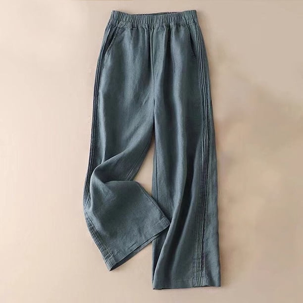 ICHUANYI Clearance Women's Solid Color Casual Pocket Elasticated Feeling Of Falling Cotton And Linen Straight Barrel Pants(Blue, XL) ICHUANYI WER2023081402368