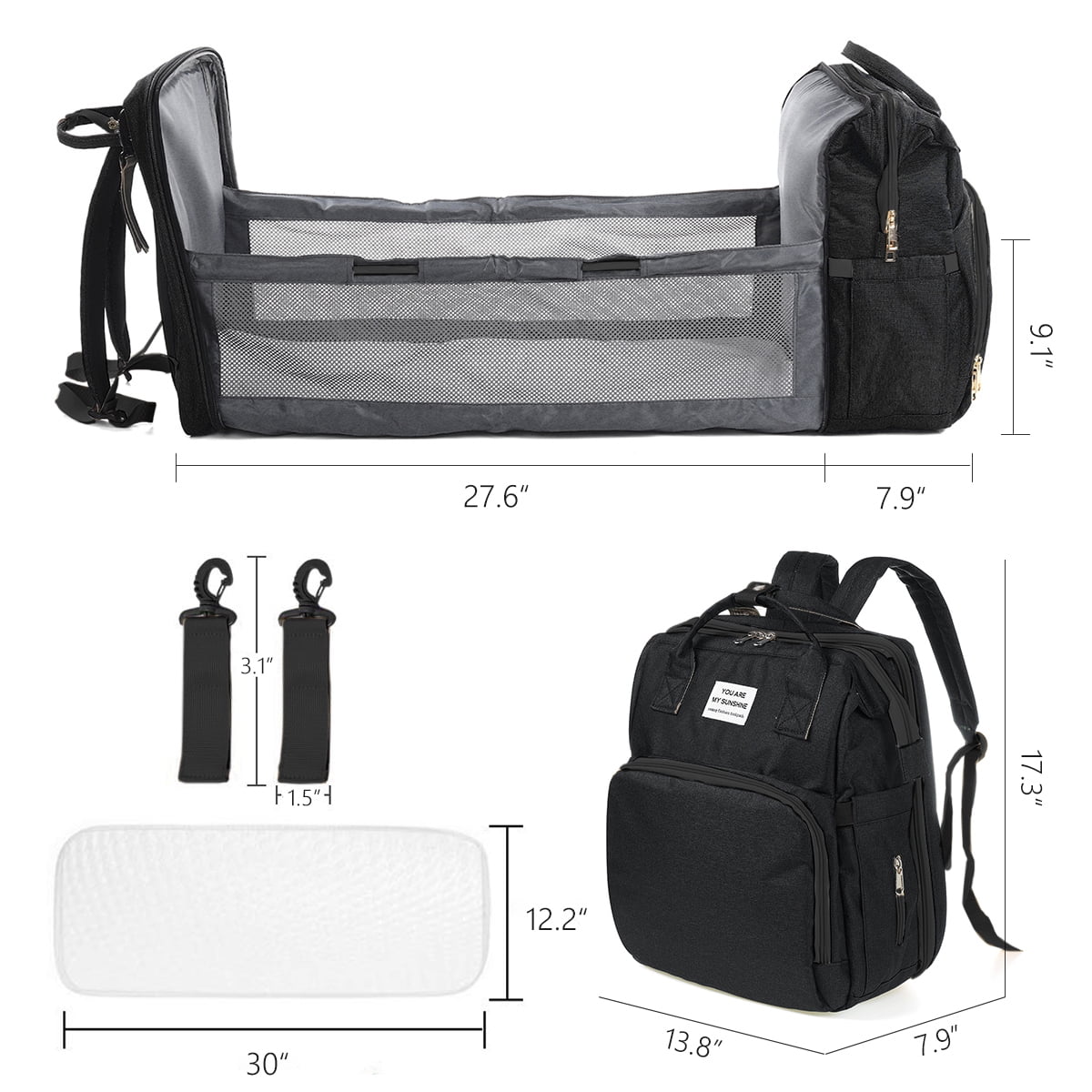 Caveen Waterproof Multifunctional Diaper Bag with Changing Pad, Black