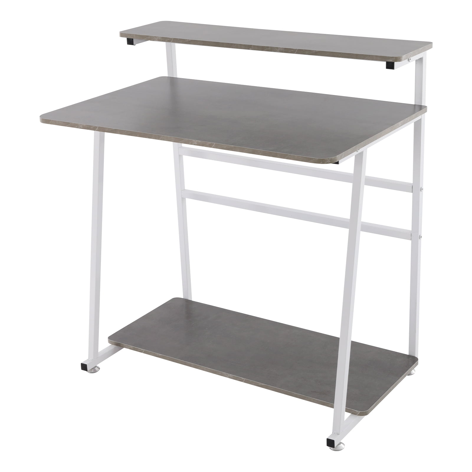 Free Standing Home Office Desk, Rolling 3-Tier Computer Desk (White+Grey)