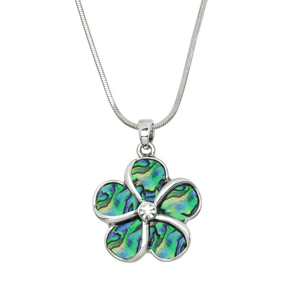 Abalone Flower Pendant Necklace Rhodium High Polished J0439
