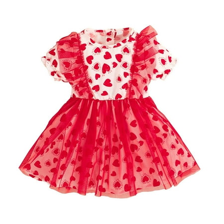 

Toddler Girls Short Sleeve Valentine s Day Hearts Printed Ruffles Tulle Princess Dress