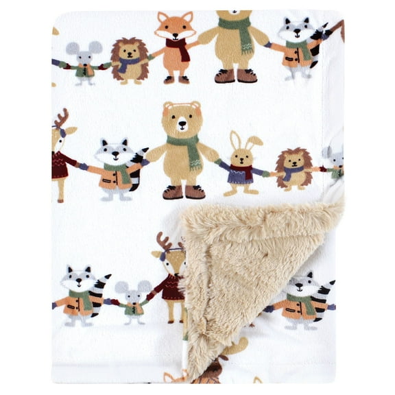 Hudson Baby Plush Blanket with Furry Binding and Back, Winter Woodland Friends, One Size