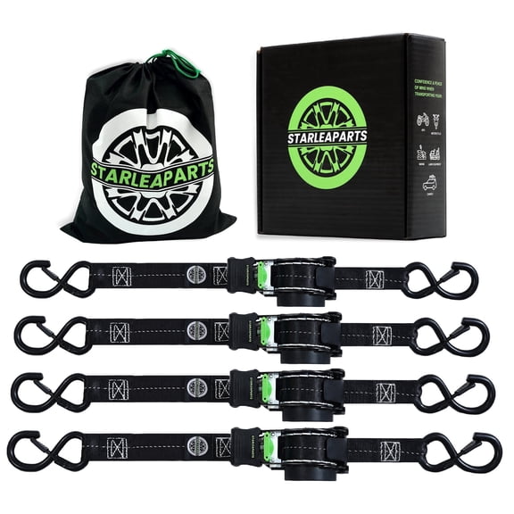 Retractable Ratchet Straps 4 Pack Black - 1500LBS Break Strength Safety Lock S Hooks for Cargo, Truck, Motorcycle