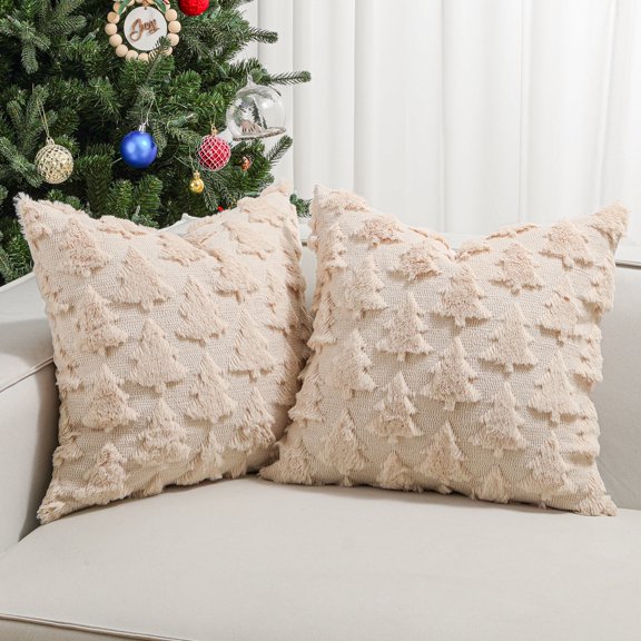 Lewondr Christmas Throw Pillow Cover 18x18,Set of 2 Soft Faux Fur Velvet 3D Christmas Tree Reindeer Embroidery Square Pillow Cover for Xmas Home Decor, Oatmeal