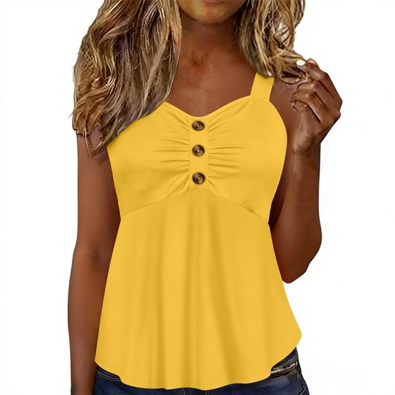 Craaazy Womens Fashion Ruched Button Detail Cami Tops, Flared Hem Sleeveless Blouses for Beach, Daily Wear & Vacation Gifts