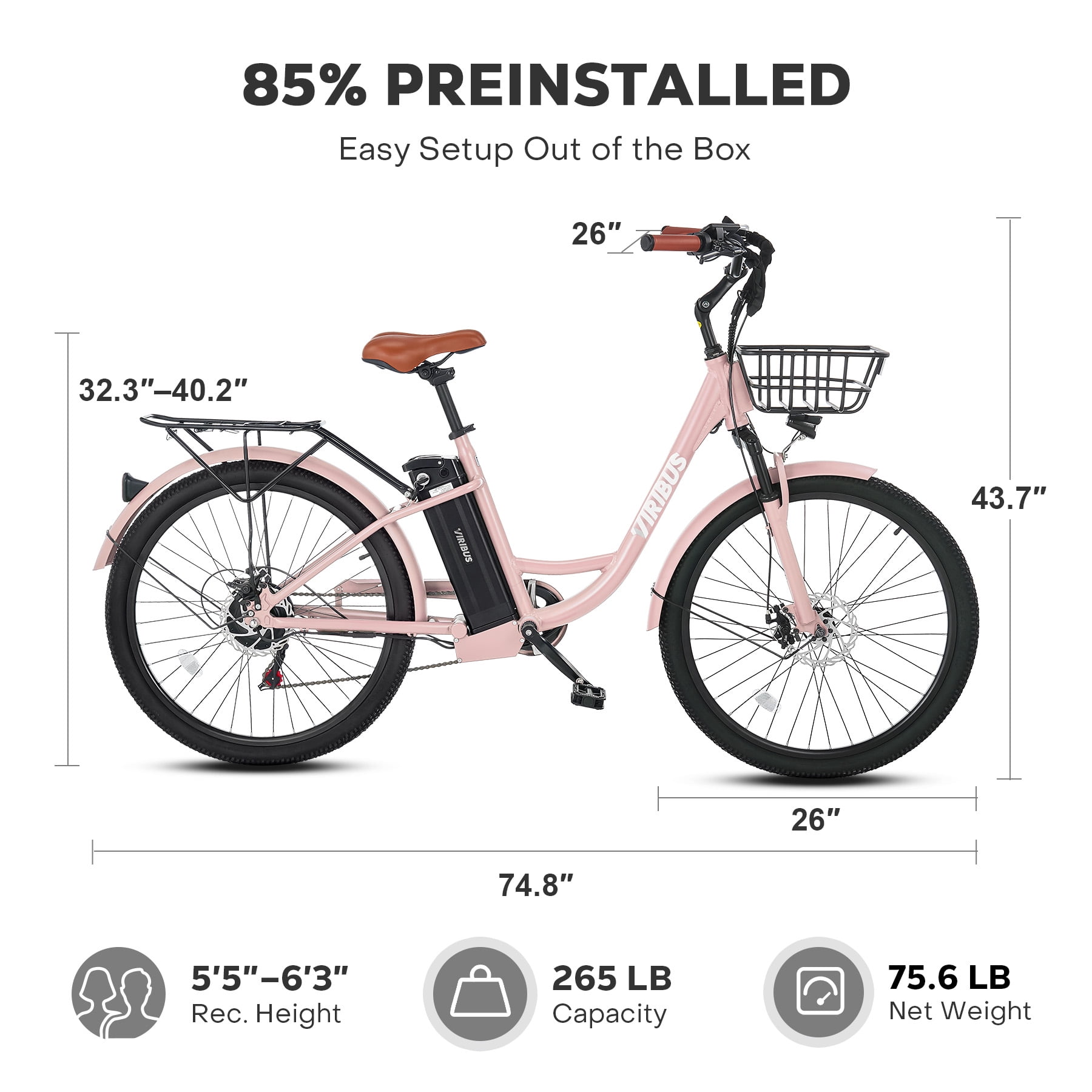 Viribus 26" 500W Electric Bike Front Suspension for Men Women Seniors with 48V 13Ah Battery, Pink