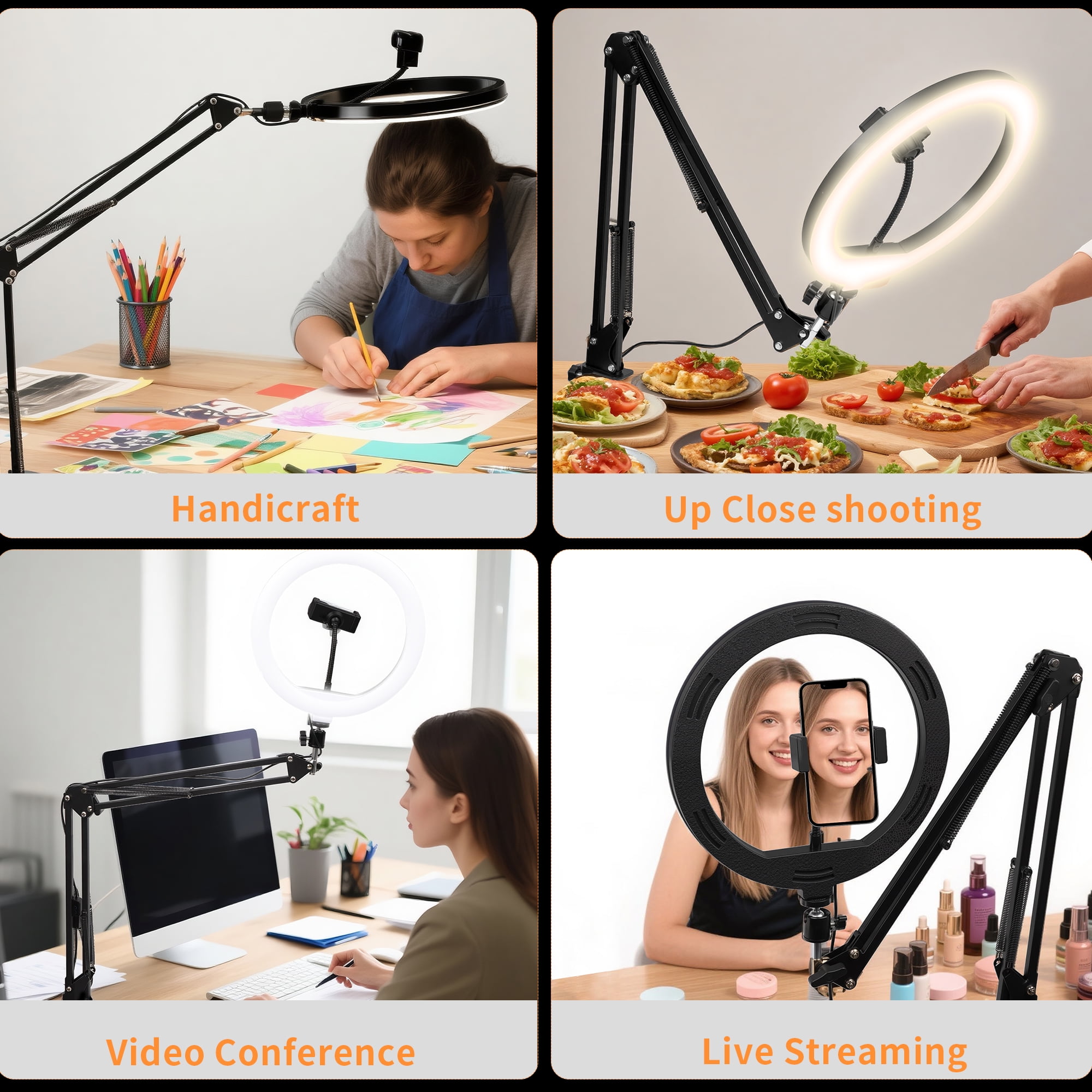 Overhead Camera Mount with Ring Light Phone Holder,10" LED Ring Light for Desk with Stand, Phone Tripod with Light for Video Recording TikTok Live Stream Cooking Kitchen Vlogging
