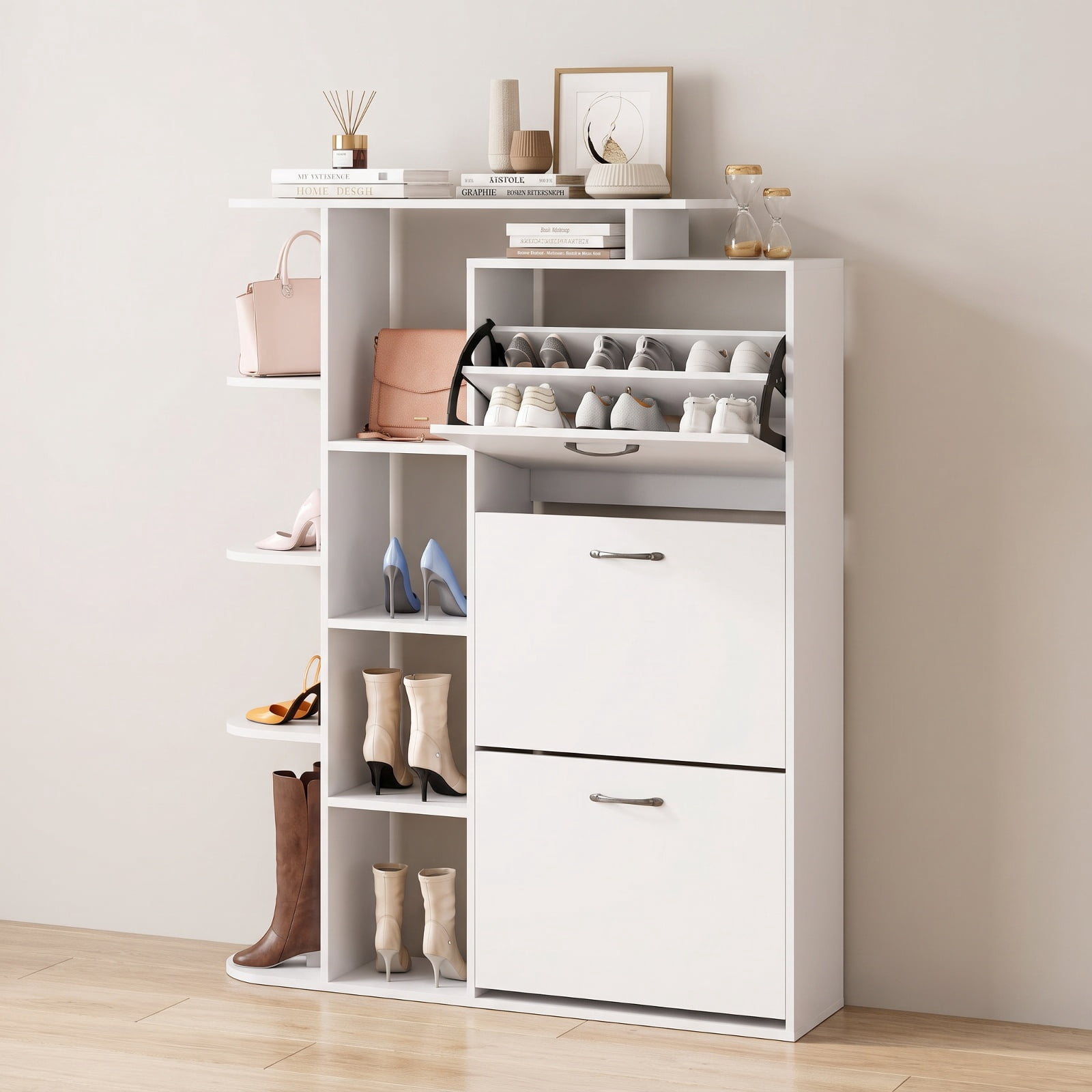 Furnibear Tall Shoe Cabinet with Open Shelves and 3 Flip Drawers Modern Freestanding Shoe Storage Organizer for Entryway Hallway, White