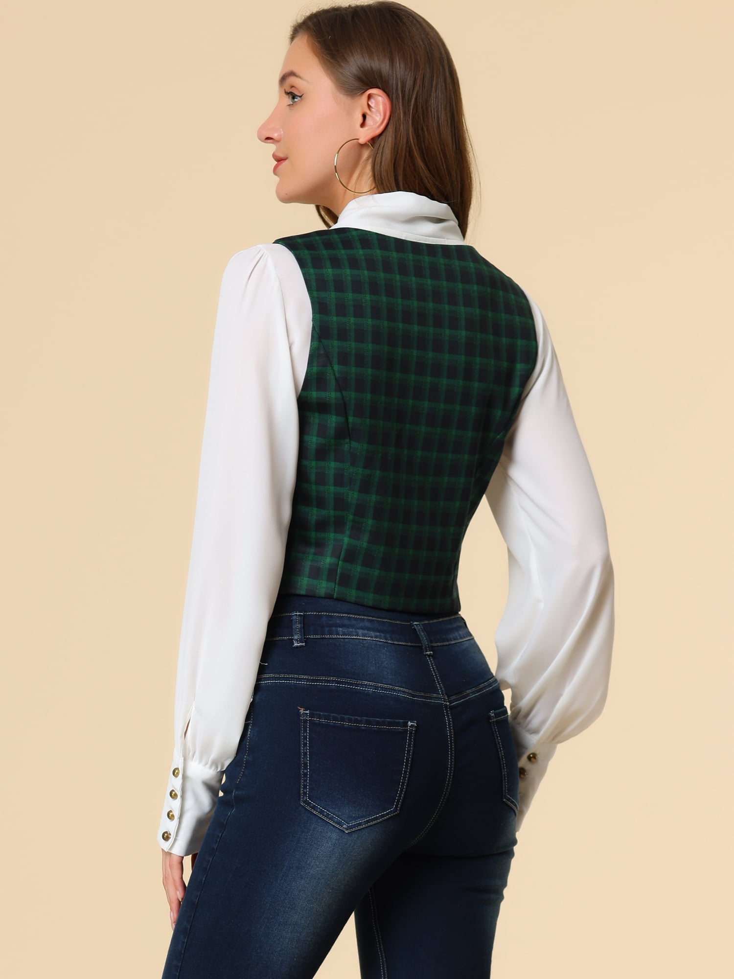 DARING DIVA Women's Cinched Waist Asymmetric Stretchy Plaid Jacket L Green