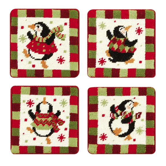 4" Dancing Penguins Holiday Petit Point Coasters Set of 4