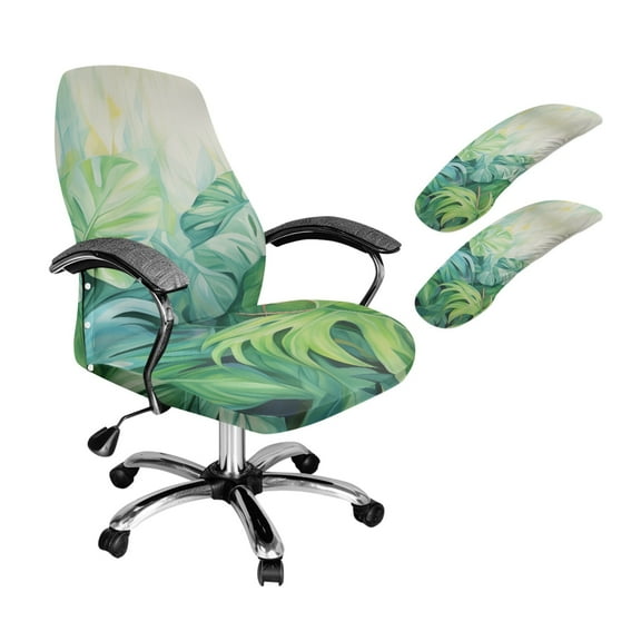 HELLHERO Monstera Print Office Chair Cover Set, Stretchable Office Desk Chair Cushion Cover Set and Arm Covers, Skin Friendly Desk Chairs Armrest Covers, Green