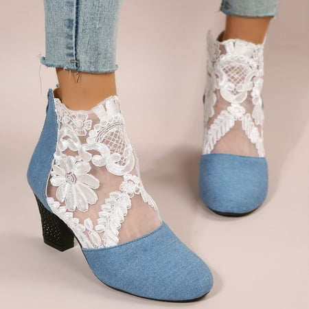 

Tawop Women S Walking Shoes Boot Sandals Thick Sole Round Toe Breathable Chunky Heel Boot Cloth Light Blue 38(Us:6.5)