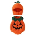 thumbnail image 4 of CUZIBR Baby Girls 2 Piece Halloween Pumpkin Costume Sleeveless Fuzzy Funny Face Print Embroidery Romper Matching Pumpkin Hat Newborn Infant Cosplay Outfit,Red-e,6-12 Months, 4 of 7