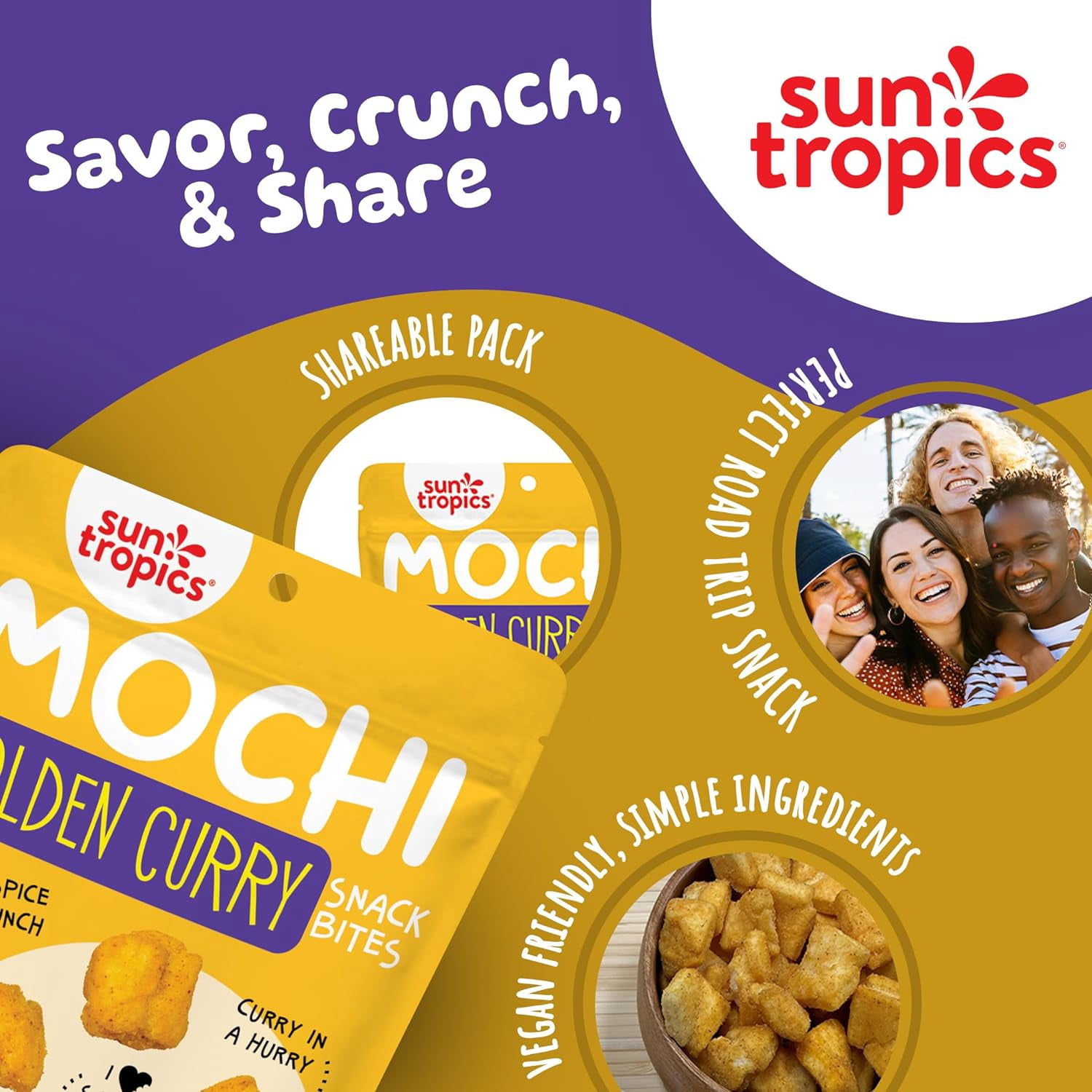 (Pack of 12), Sun Tropics Golden Curry Mochi Snack Bites, 3.5 oz